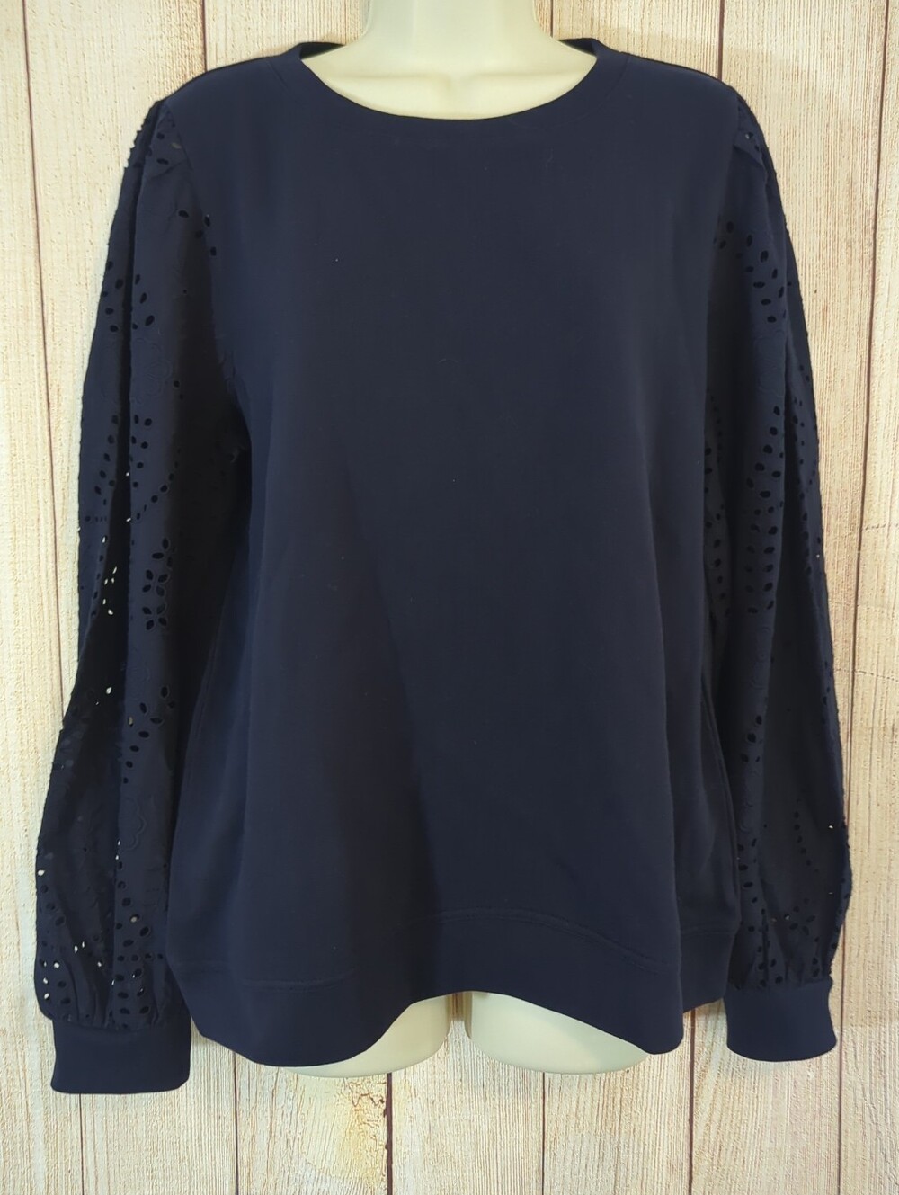 Talbots  Navy Blue Sweatshirt Eyelet Arms Large Nwt Retail $89.50